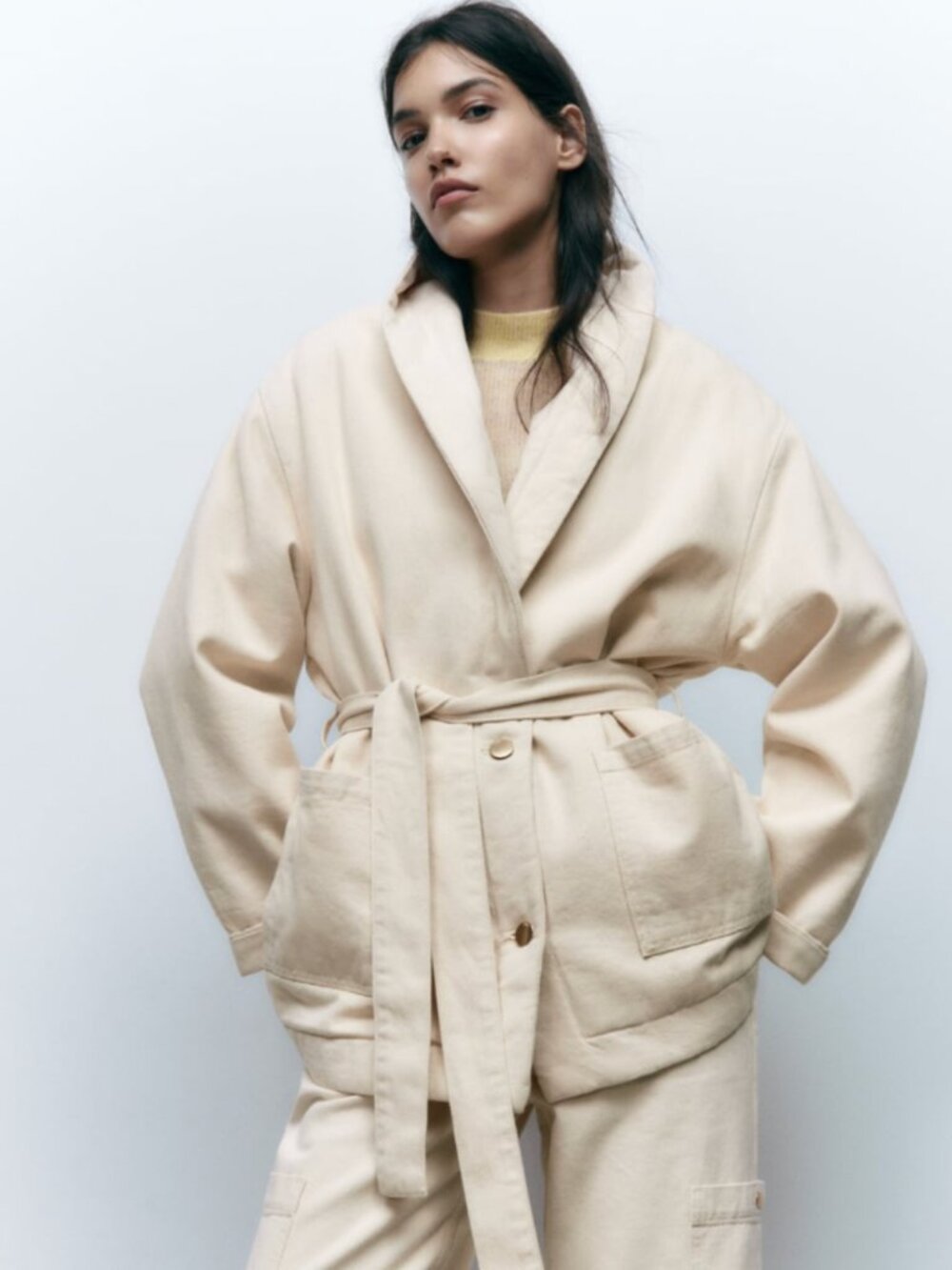 Zara White Belted Denim Puffer Coat - Size Small